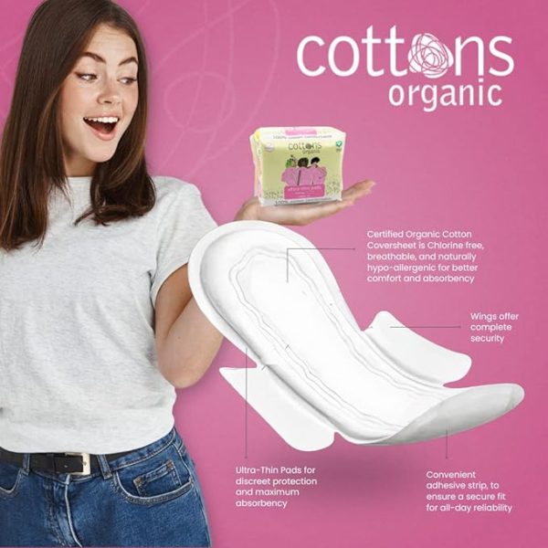 Cottons Organic Super Ultra-Thin Pads with Wings - 12 Pads Supply