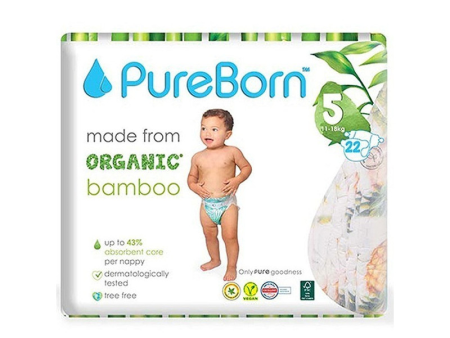 PureBorn Organic Natural Bamboo Baby Disposable Size 5 Diapers Nappy |Single Pack| from 11 to 18 Kg | 22 Pcs For Sale