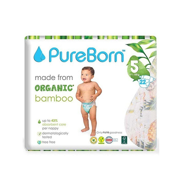 PureBorn Organic Natural Bamboo Baby Disposable Size 5 Diapers Nappy |Single Pack| from 11 to 18 Kg | 22 Pcs For Sale