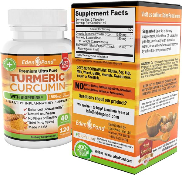 Best Organic Turmeric Curcumin, BioPerine 1500mg. Joint & Healthy Inflammatory Support, 95% Standardized Curcuminoids. Non-GMO, Gluten Free Capsules, Black Pepper For Sale