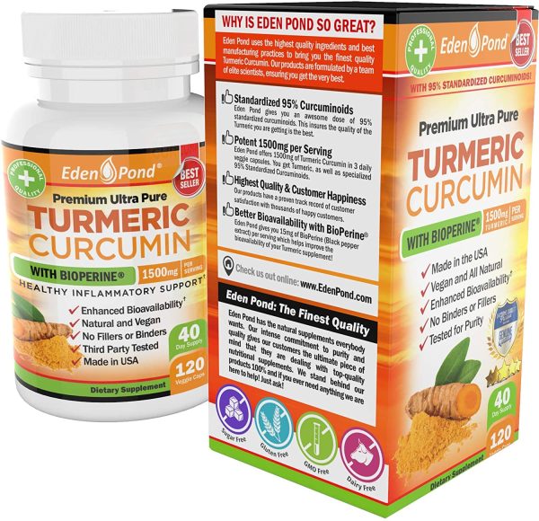 Best Organic Turmeric Curcumin, BioPerine 1500mg. Joint & Healthy Inflammatory Support, 95% Standardized Curcuminoids. Non-GMO, Gluten Free Capsules, Black Pepper For Sale