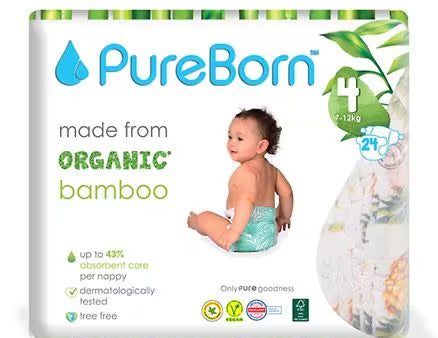 PureBorn Organic Natural Bamboo Baby Disposable Size 4 Diapers Nappy |Value Pack| from 07 to 12 Kg | 24 Pcs | Supply